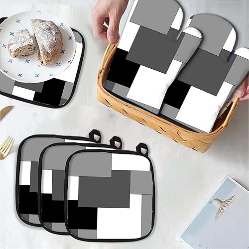 Miniatura 3 de MCALK Juego de 5 guantes de horno geométricos grises y soportes para ollas, guantes de horno grises y almohadillas calientes para cocina de cocina,
