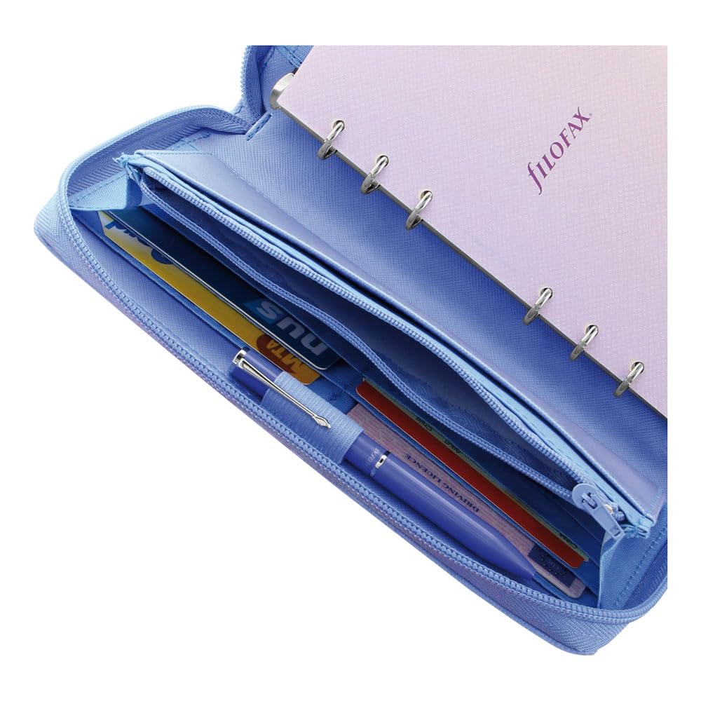 Filofax Agenda settimanale 202592-25 in saffiano con cerniera, formato compatto e personale, con vista settimanale, colore blu a grana incrociata, effetto pelle, 6 anelli