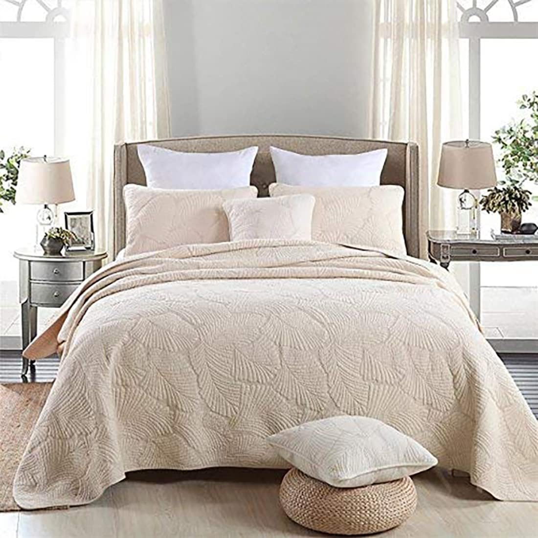 Qucover Palm Leaf Cotton Bedspread Quilt Sets Fit Queen Bed