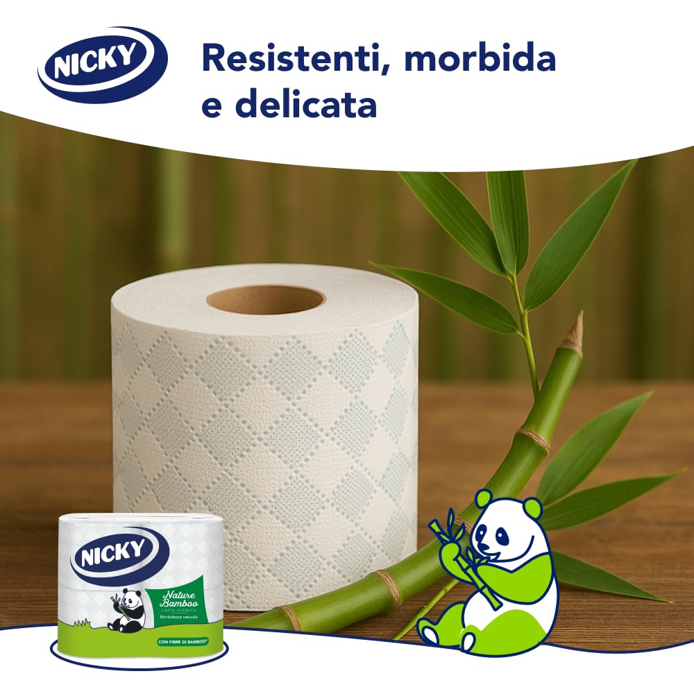 Nicky Nature Bamboo - 28 Rotoli di Carta Igienica, 160 Soffici Fogli a 3 veli di Pura Cellulosa e Arricchiti di Fibre di Bamboo, Morbida e Confortevole, Sostenibile Dentro e Fuori, Bianca