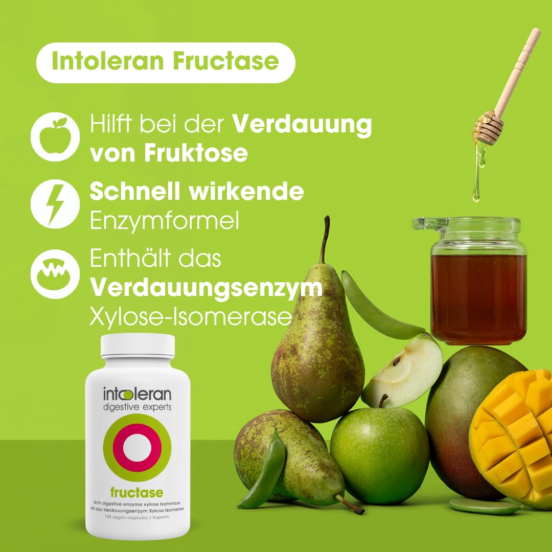 Fructase Verdauungsenzyme – 108 Kapseln | Nahrungsergänzungsmittel bei Fruktoseintoleranz | Enzyme zur Unterstützung der Verdauung zuckerhaltiger Lebensmittel und Getränke (Fruchtzucker) | Schnell wir