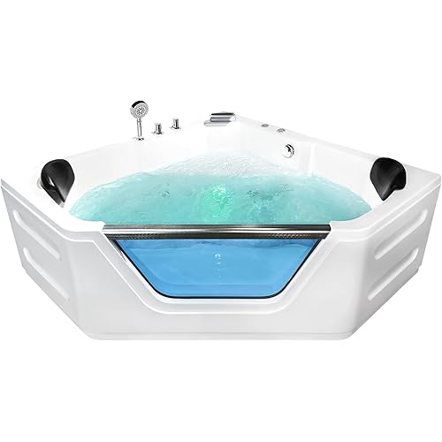 Corner Bathtub - 59”Jetted Soaking Bathtub for 2 Person with 7 Color Lights - Home Spa Bath tub with 6 Jets Hydro Massage Acrylic Soaking Tub with Double Pillow Chromatherapy - ETL Certified