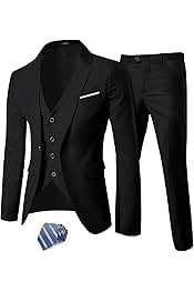 Men's 3 Piece Suit Set with Tie, One Button Slim Fit Solid Jacket Vest Pants, Prom Party Wedding Business Suits for Men