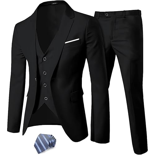 MY'S Men's 3 Piece Suit Set with Tie, One Button Slim Fit Solid Jacket Vest Pants, Prom Party Wedding Business Suits for Men