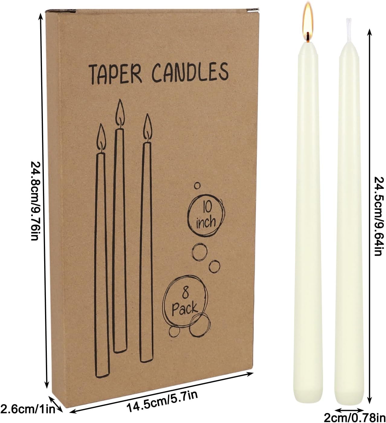 8 Pack Ivory Taper Candles 10 Inch Tall 3/4 Inch Thick Burn 8 Hours 10"8pcs-Ivory