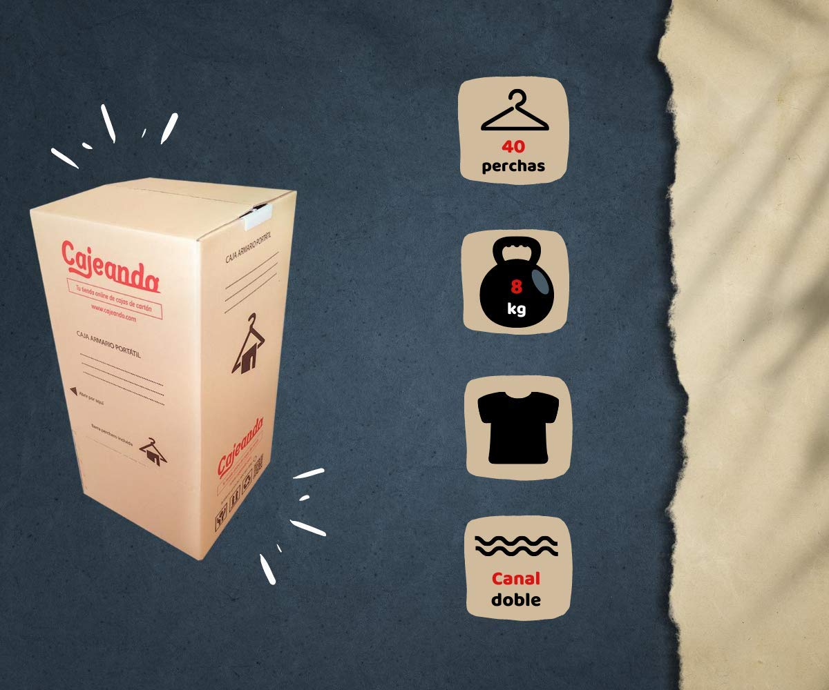 Pack de 2 Cajas Armario de Cartón 50 x 50 x 101 cm Color Marrón y Canal Doble Mudanzas Guardarropa Incluyen 2 Barras Perchero Fabricadas en España
