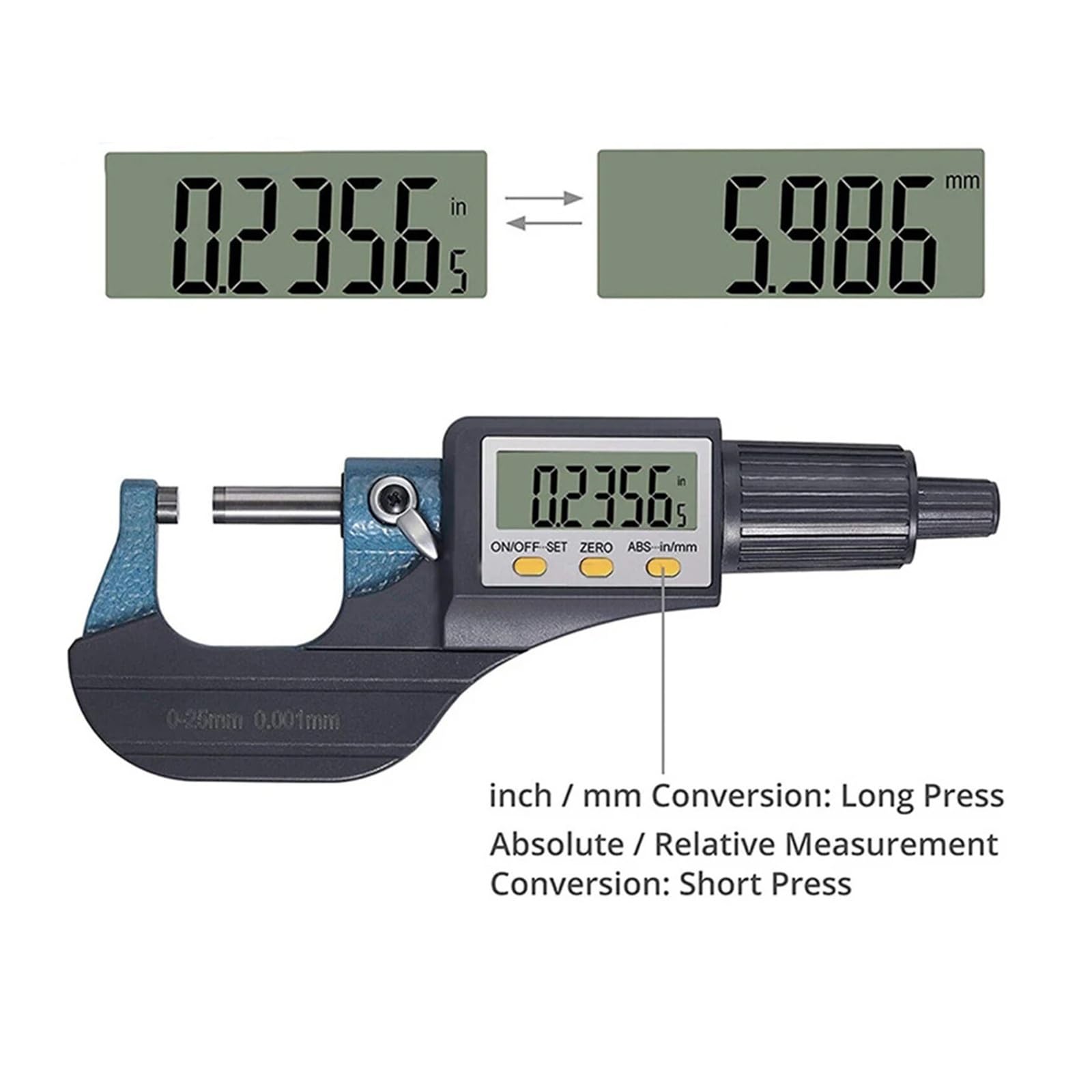Calibrador micrométrico digital de 0-25 mm con pantalla LCD extragrande y calibrador micrométrico electrónico exterior de 0,001 mm Preciso