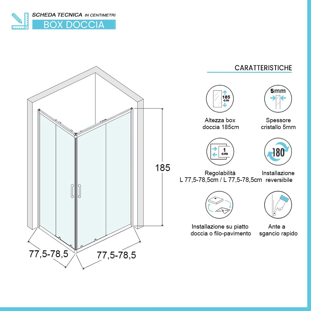 Box doccia angolare 80x80 trasparente H 185, doppio scorrevole con profilo cromato e installazione reversibile, GEO