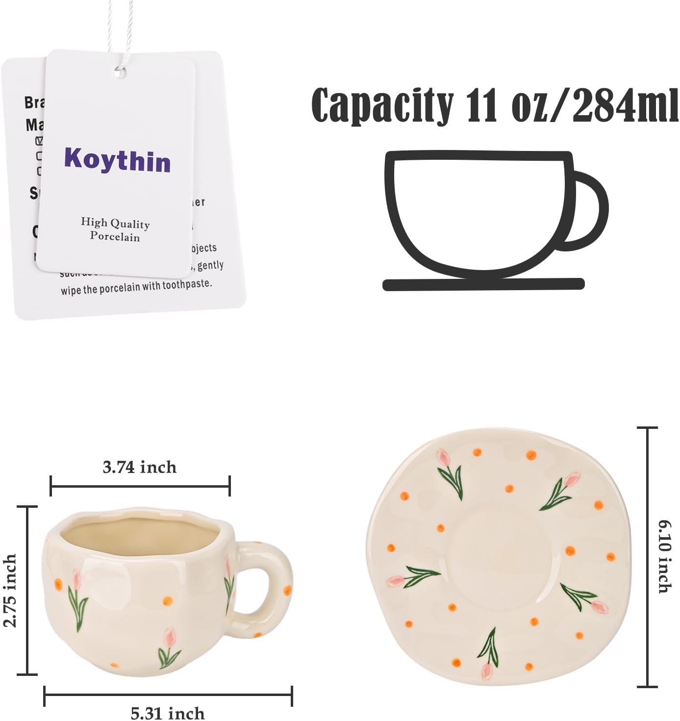 Koythin Ceramic Coffee Mug with Saucer Set, Cute Pink Tulip Flower Cup Unique Irregular Design for Office and Home, 10 oz/300 ml for Latte Tea Milk - Image 2