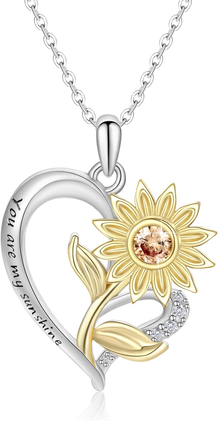 Sunflower Heart Necklaces for Women Two Tone You Are My Sunshine Necklace for Women Her Anniversary Jewelry Gift 5A Cubic Zirconia Rose Flower Heart Pendant Necklace Christmas Birthday Gift for Girlfriend Wife Mother Daughter