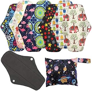 Reusable Sanitary Towels Pads(7 in 1, 25.4cm 4 Layers), Antibacterial Bamboo Panty Liners with Wet Bag, Heavy Flow Night Washable Cloth Menstrual Sanitary Towels