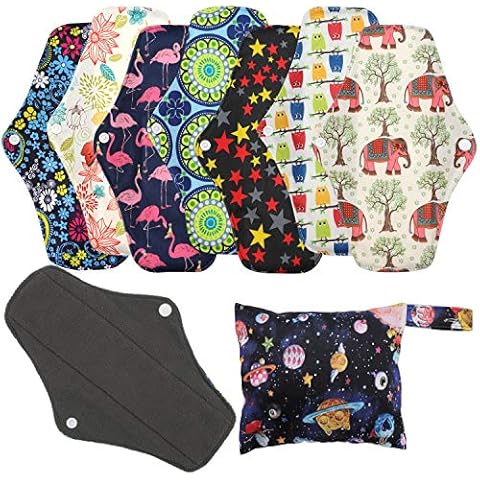Reusable Sanitary Towels Pads(7 in 1, 25.4cm 4 Layers), Antibacterial Bamboo Panty Liners with Wet Bag, Heavy Flow Night Washable Cloth Menstrual Sanitary Towels Cover