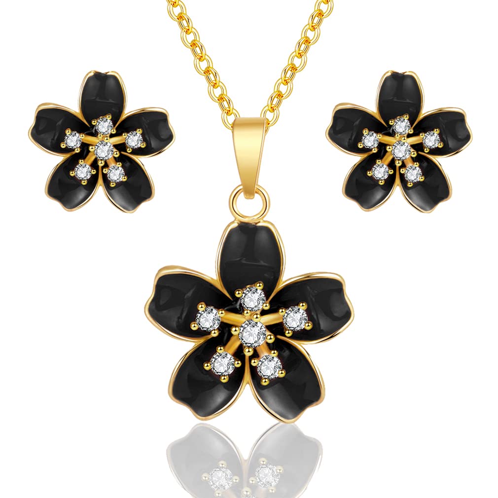 EVEVIC Cherry Blossom Flower Necklace Earrings Set for Women 18K Gold Plated Hypoallergenic Jewelry Sets (Black)