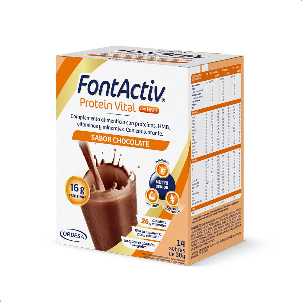 FontActiv Protein Vital Chocolate | 14 sobres | Complemento Alimenticio con Proteínas, HMB, Vitaminas y Minerales para Adultos