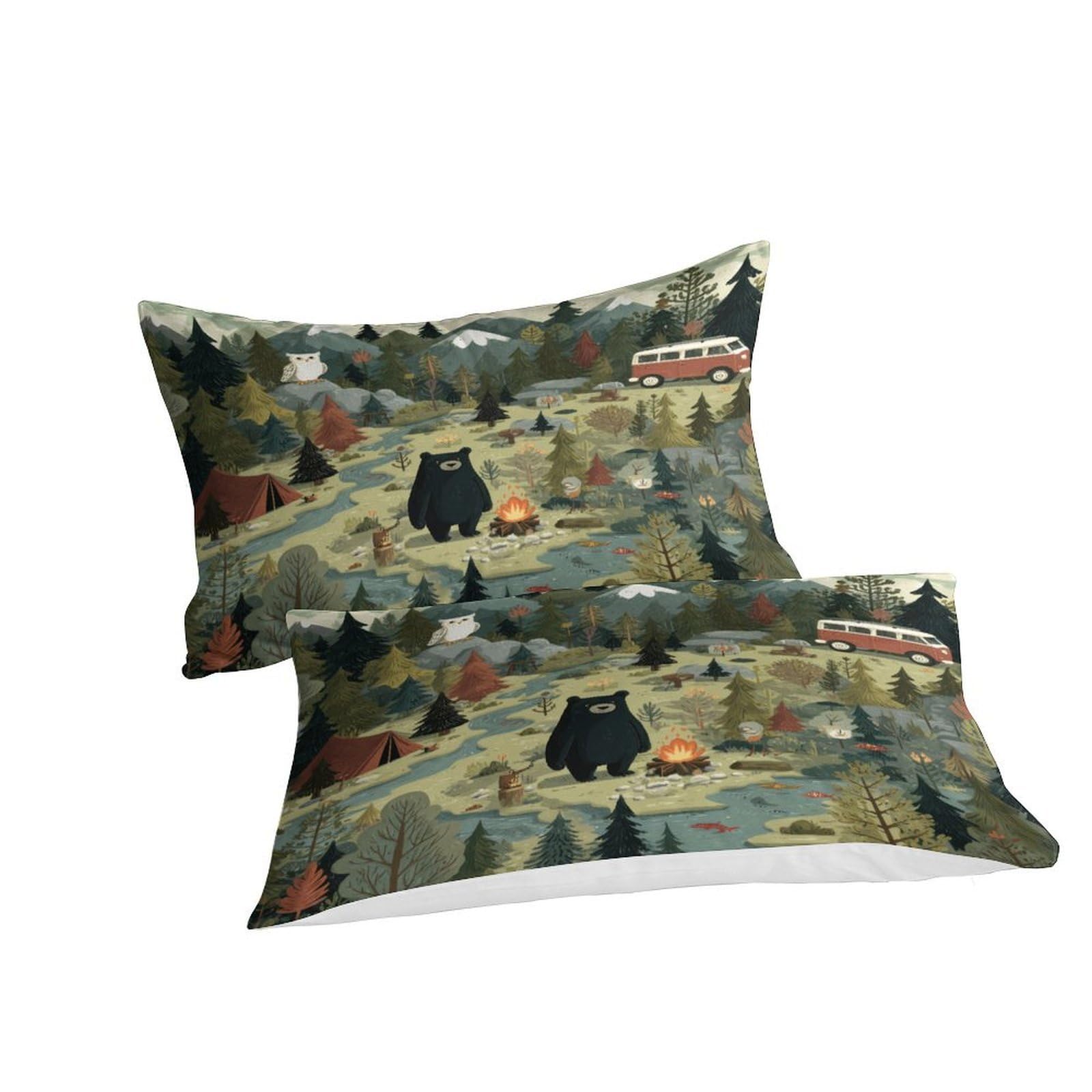Wald Camping Szene 3-teiliges Reines Polyester Illustriertes Naturabenteuer Bettbezug, Versteckter Reißverschluss, Krippenbettwäsche, Babysicher & Pflegeleicht King（220x240cm）