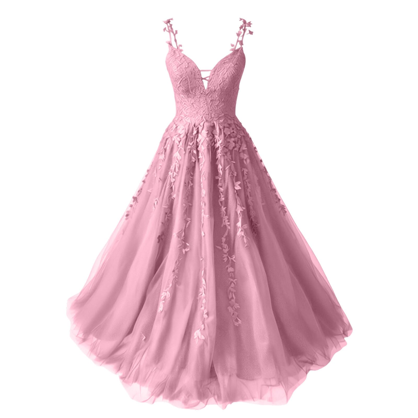 Damen Chiffon Ballkleider Lang V-Ausschnitt Spitzenapplikationen Brautjungfernkleid mit Schlitz Spaghettiträger Perlen A-Linie Abendkleider