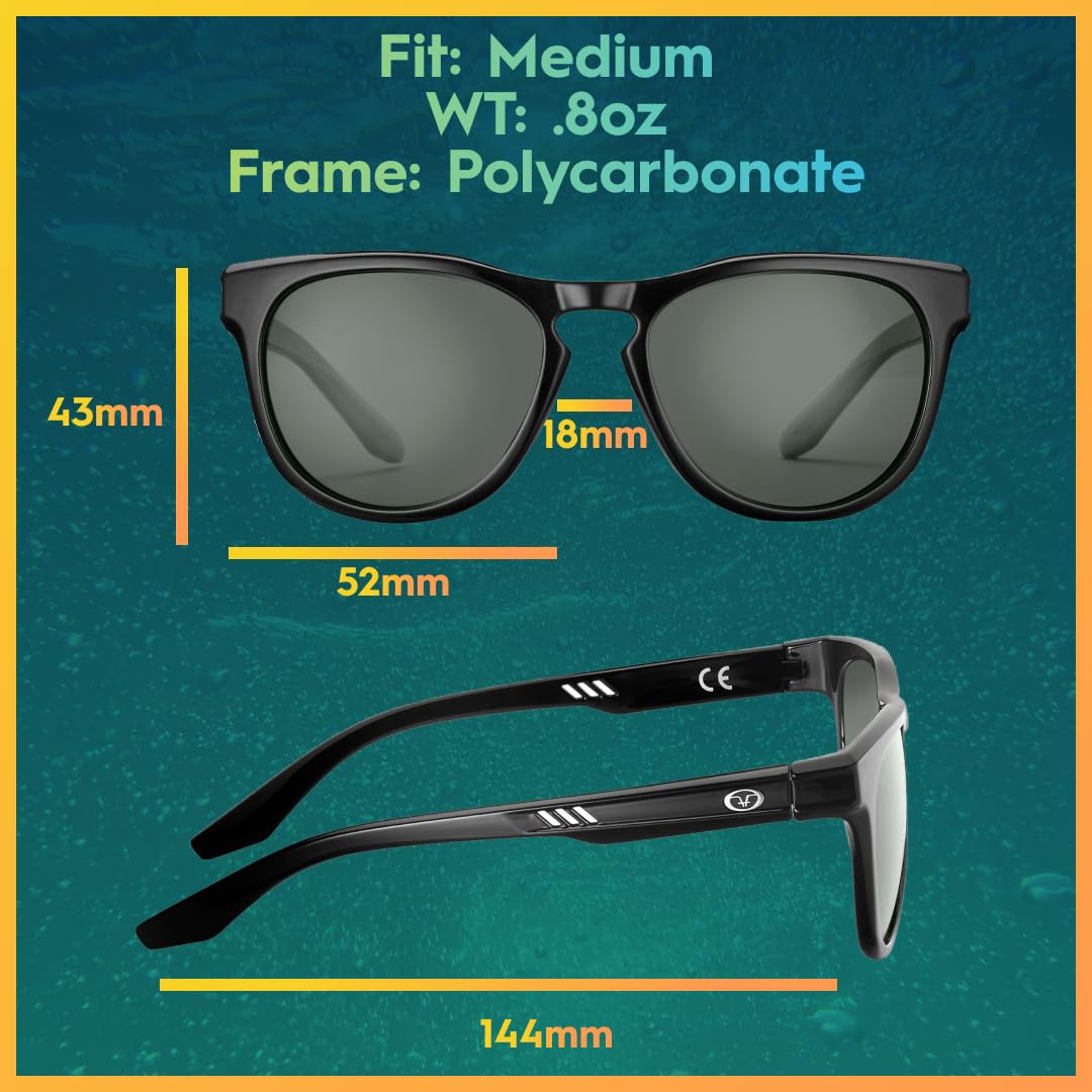 Flying Fisherman Breakers - Gafas de sol ovaladas polarizadas, marco negro brillante/lente ahumada, tamaño mediano, Marco negro brillante/lente ahumado, Medium