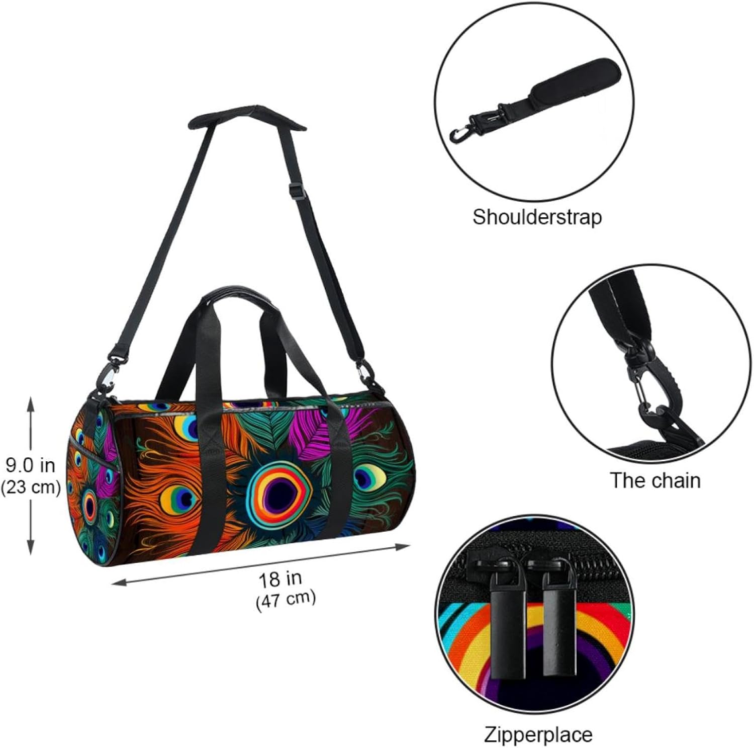 Gym Bags for Women,Duffle Bag for Travel,Black Wood Peacock Flower,Gym Bag for Men