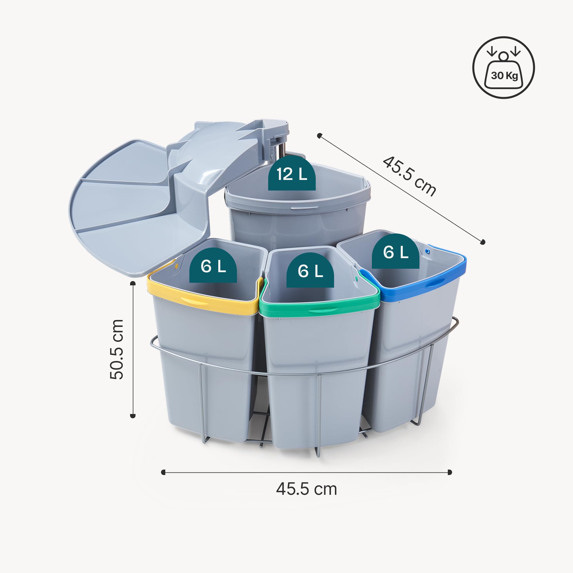 [en.casa] Pattumiera ad Incasso da Anta con 4 Contenitori Estraibili Raccolta Differenziata Secchi 1x12L+3x6L Apertura Automatica per Cucina Sottolavello - Grigio