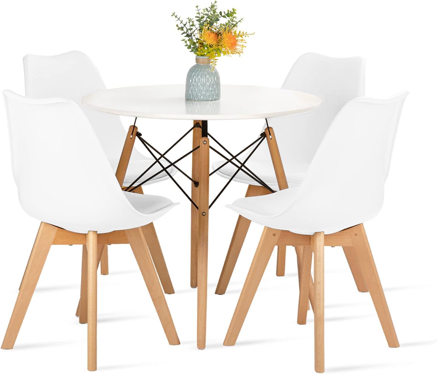 H.J WeDoo Set aus Runder Esszimmertisch mit 4 Weißer Stühlen, Esszimmergruppe für Küche Esszimmer Büro