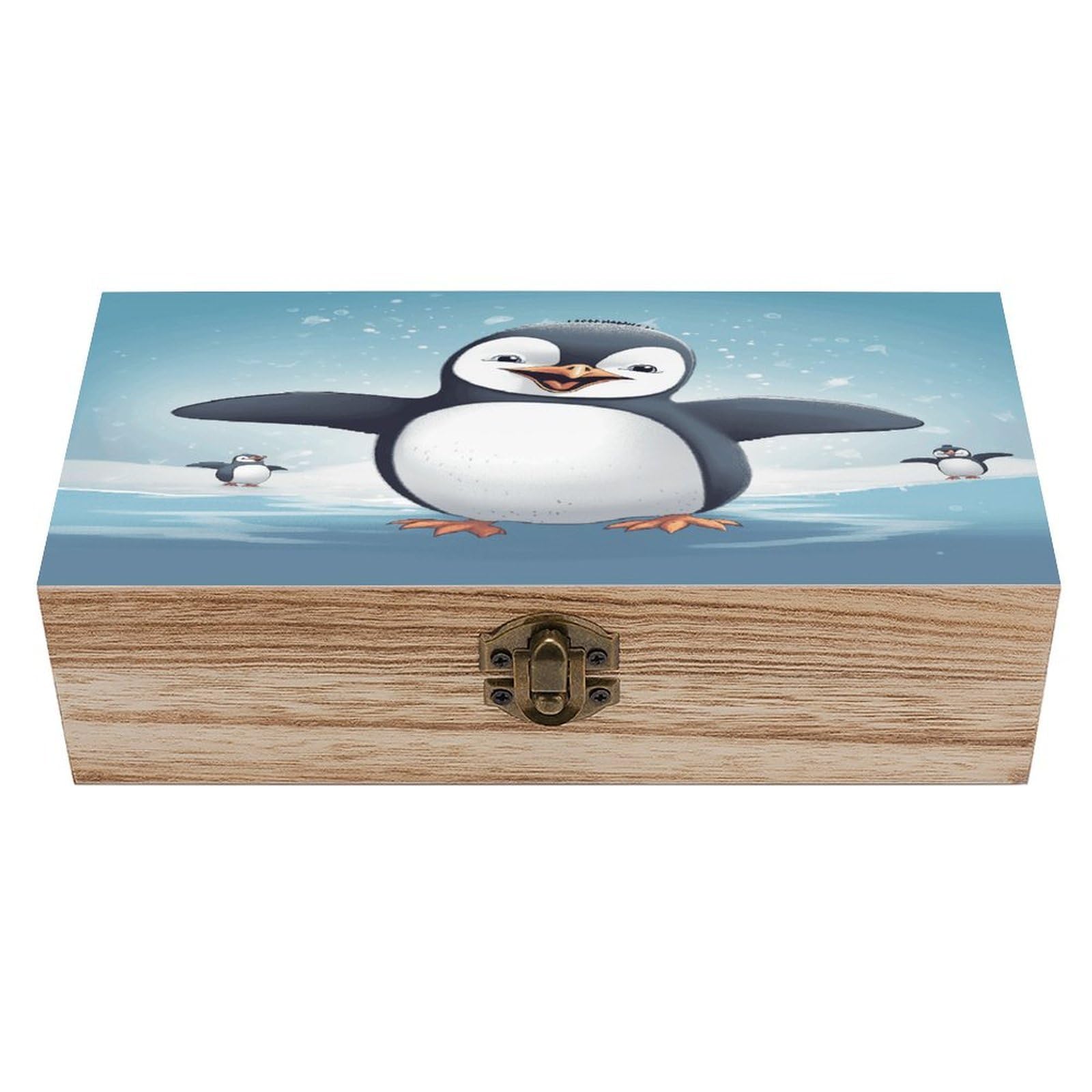 VstaDank Happy Penguin Wooden Keepsake Box with Hinged Lid Solid Wood Gift Boxes Beautifully Keepsake Box Jewellery Organiser Retro Memory Treasure Case with Lids Decorative Boxes