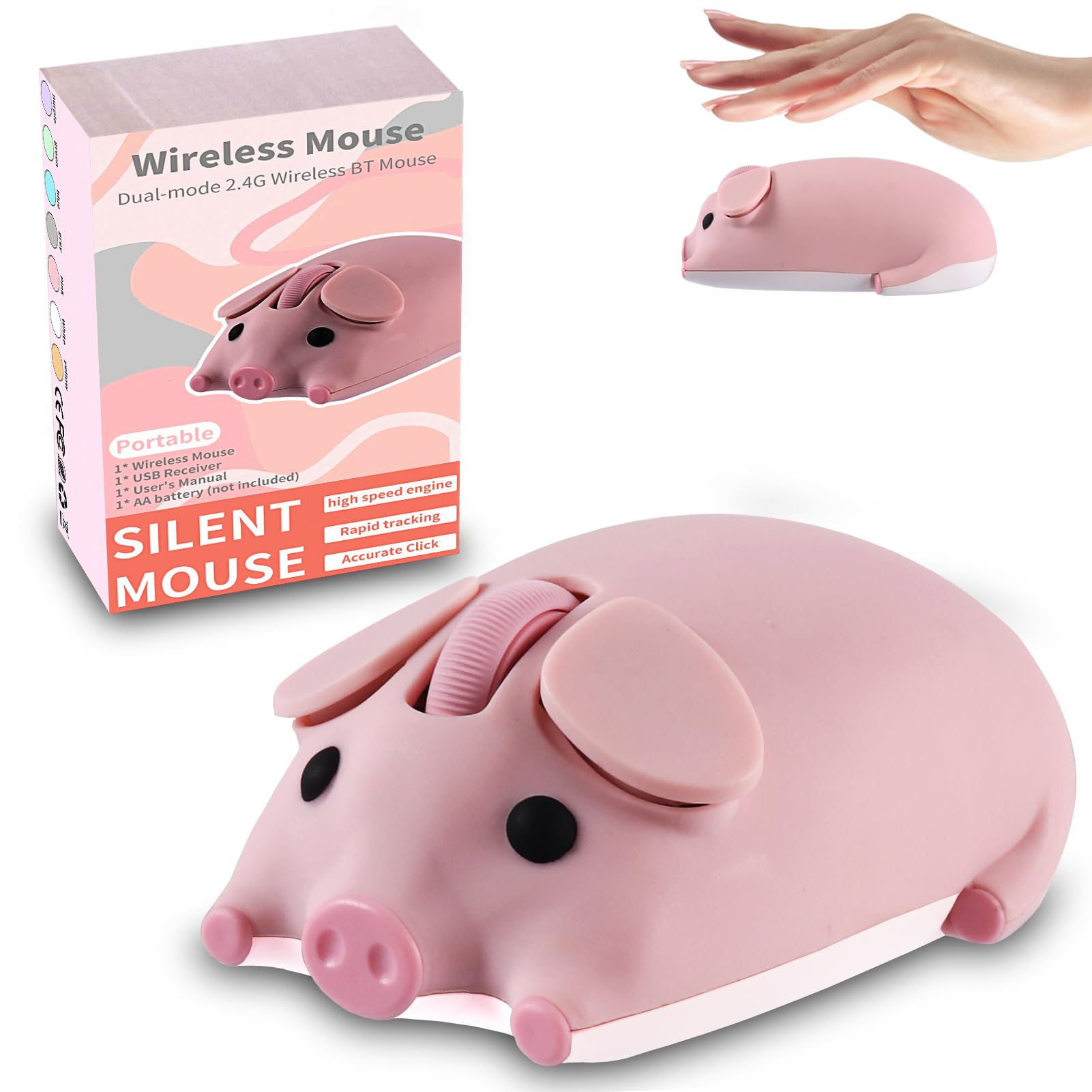 Wireless Mouse Dual Mode Bluetooth 5.1/2.4G USB Lovely Cute Animal Pig Shaped Mice 1200DPI Portable Cordless Mute Ergonomic Mouse for Laptop PC iPad Windows/iOS/Android Children Kids Gift (Pink)-image-30