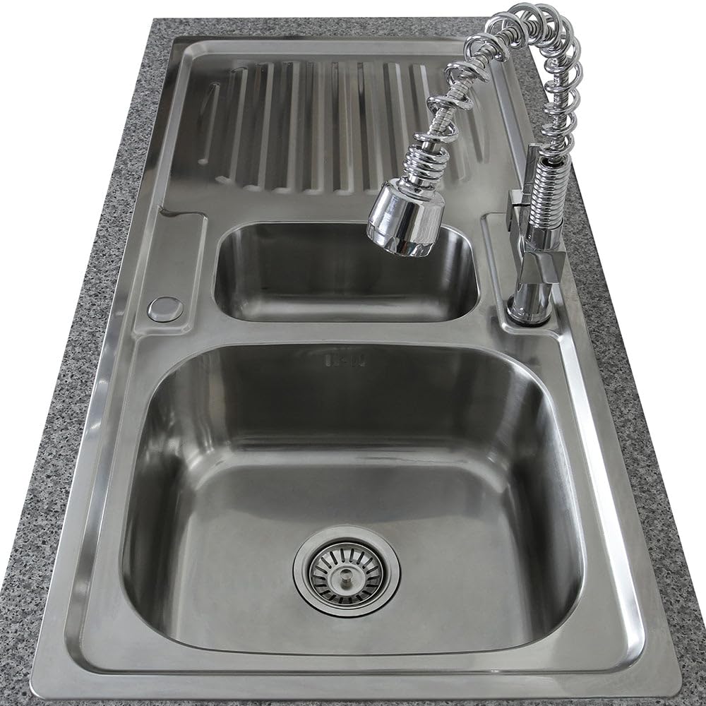 Fregadero de Cocina 1 Seno+Escurridor Sobre Encimera en Acero Inoxidable 105x50cm con Grifo Padstow+Kit para Drenaje y Fontanería GRATIS Lavaplatos Pila Cocina 1 Seno+ Escurridor para Lavar Platos