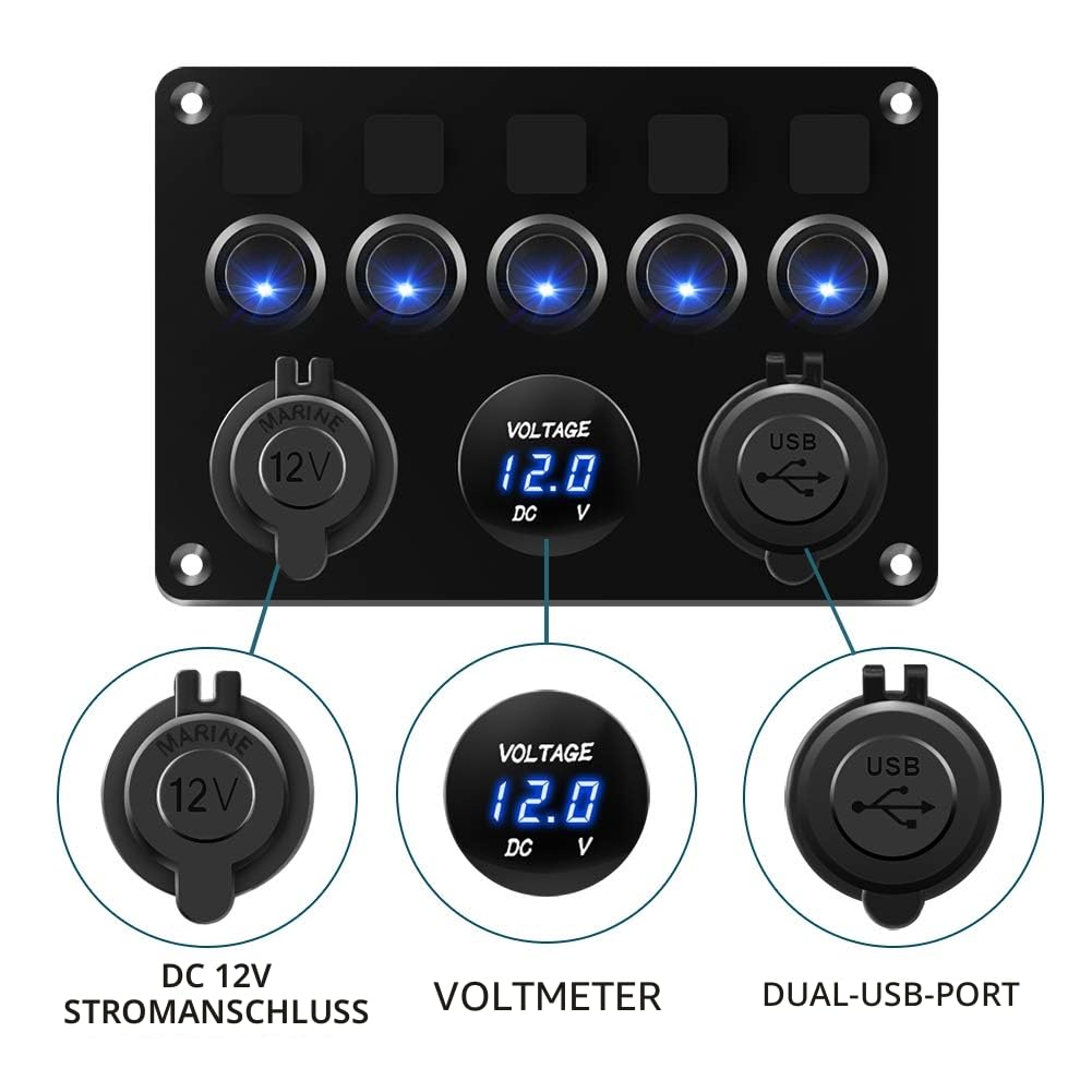 KAOLAI Schalter Panel 12V/24V 4.2A IP65 Wasserdicht Schalter Panel 12V Camper Dual-USB-Ladegerät LED Voltmeter Zigarettenanzünder 5 Kippschalter EIN/AUS für Boot Wohnmobil Fahrzeuge LKW