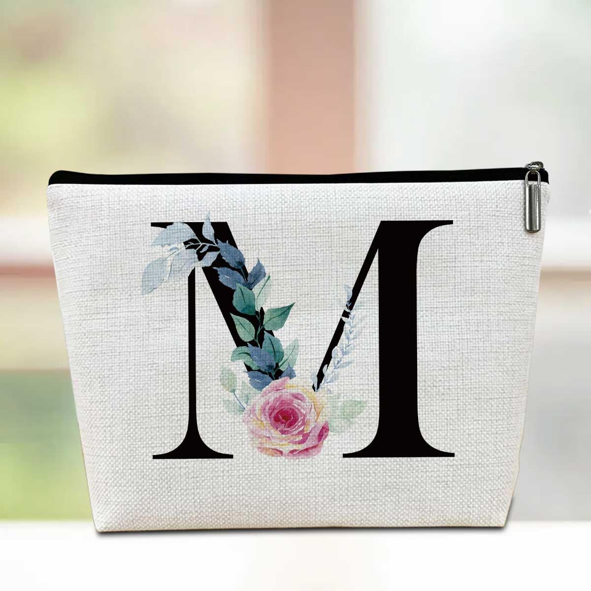 Initial Makeup Bag Travel Pouch, Personalized Cosmetic Bag Monogram M Toiletry Bag, Christmas Thanksgiving Birthday Monogrammed Gifts for Women Bride