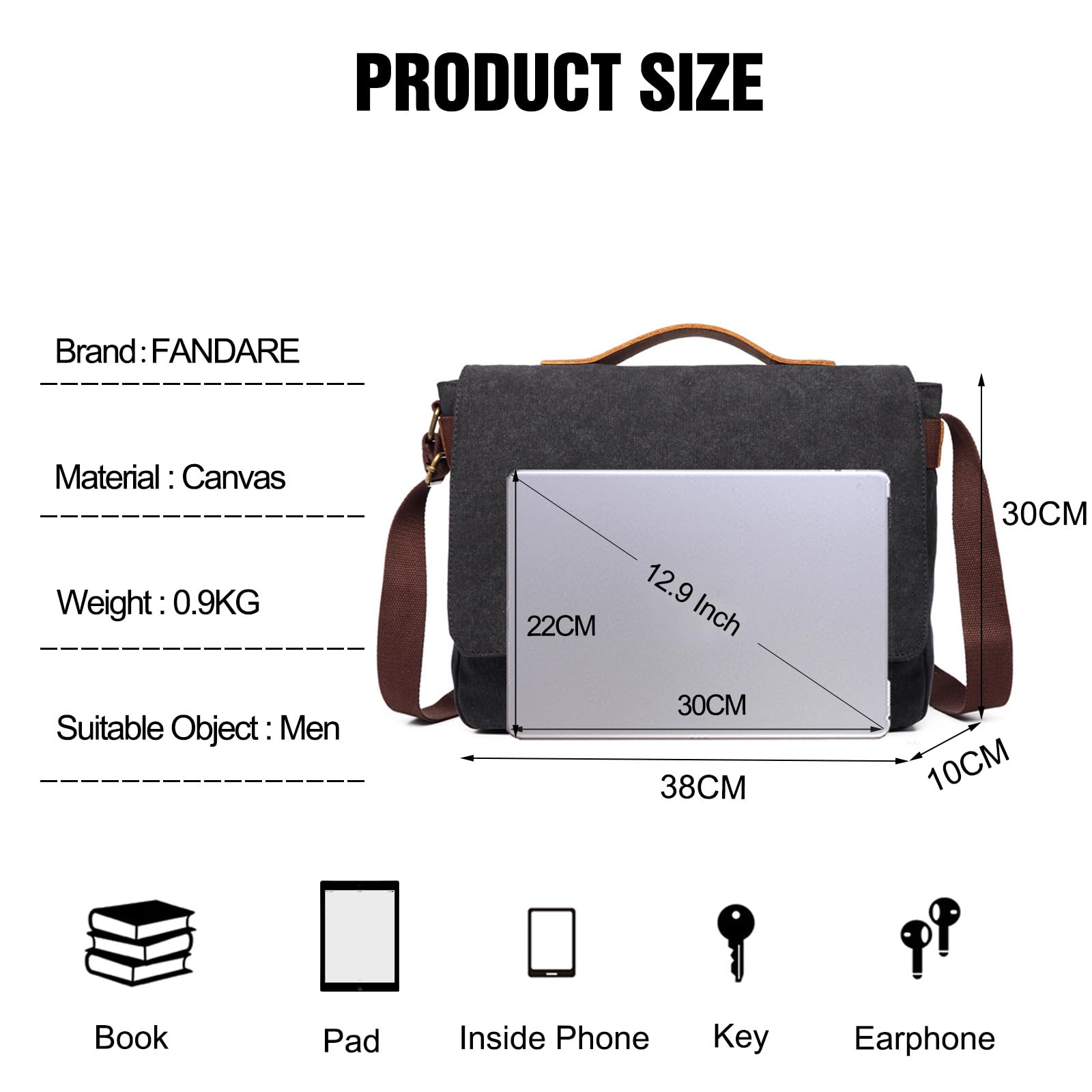 FANDARE Retro Umhängetaschen Herren Aktentasche Schultertasche Groß Arbeitstasche Leinwand Groß Messenger Bag Damen Arzttasche Tragetasche Aktenkoffer Lehrertasche für Reisen, Geschäft, Schule