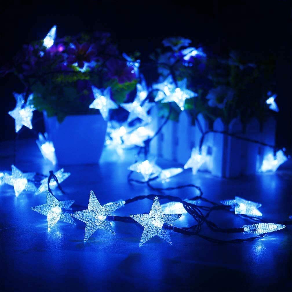 Guirnalda de luces de estrella, 5 m, 50 LED, para interiores, guirnalda de luces parpadeantes con batería (azul)
