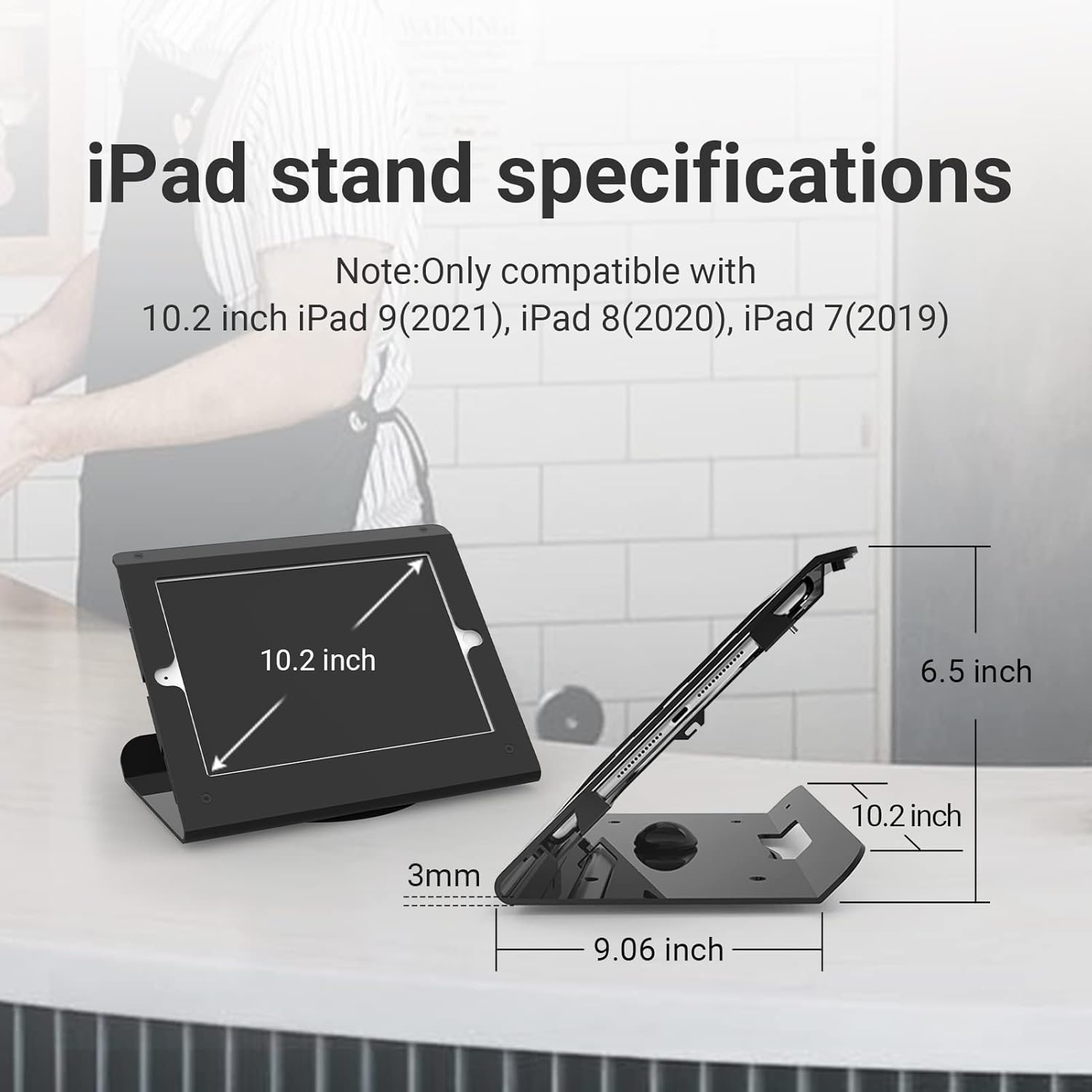 Retail Kiosk Tablet Stand Compatible with 10.2 inch iPad 9th 8th 7th Gen, Business Desktop POS Tablet Stand, Anti-Theft Lock, 360° Swivel Base, Metal, Black