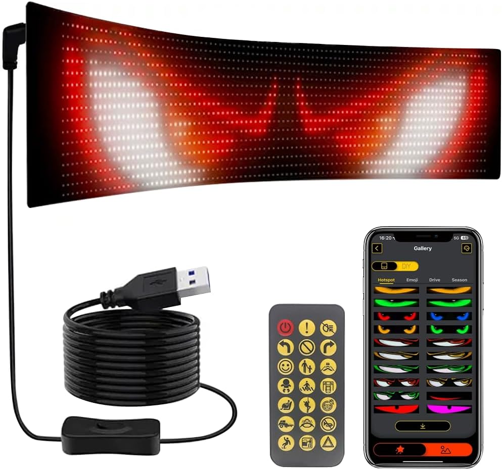 Devil Eyes Light for Cars,Programmable Sign for Car,Led Matrix Panel,Flexible Digital Display,with Remote Control, Mobile Phone App Operation, Waterproof, Suitable for Various Scenes