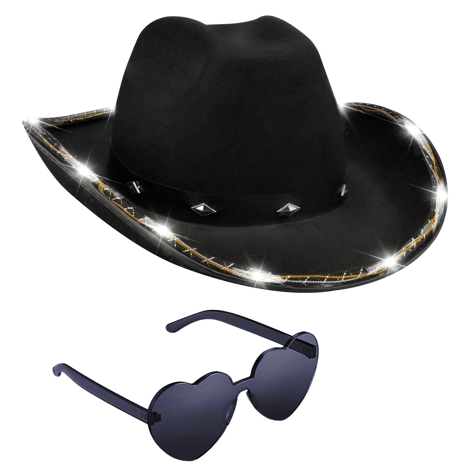 Tanganan Light Up Cowboy Hat for Women Men,Halloween Costume LED Cowgirl Hats Western Cow Girl Hat Sparkly Space Cowboy Hats for Partys Halloween Costume Dress Up (Black)