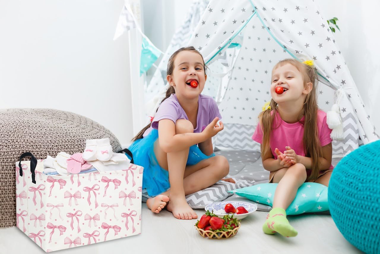 Kids Basket Pink Baskets Girls Basket Rectangular Cute Storage Bin for Room Decor(Pink bownot) - Image 5