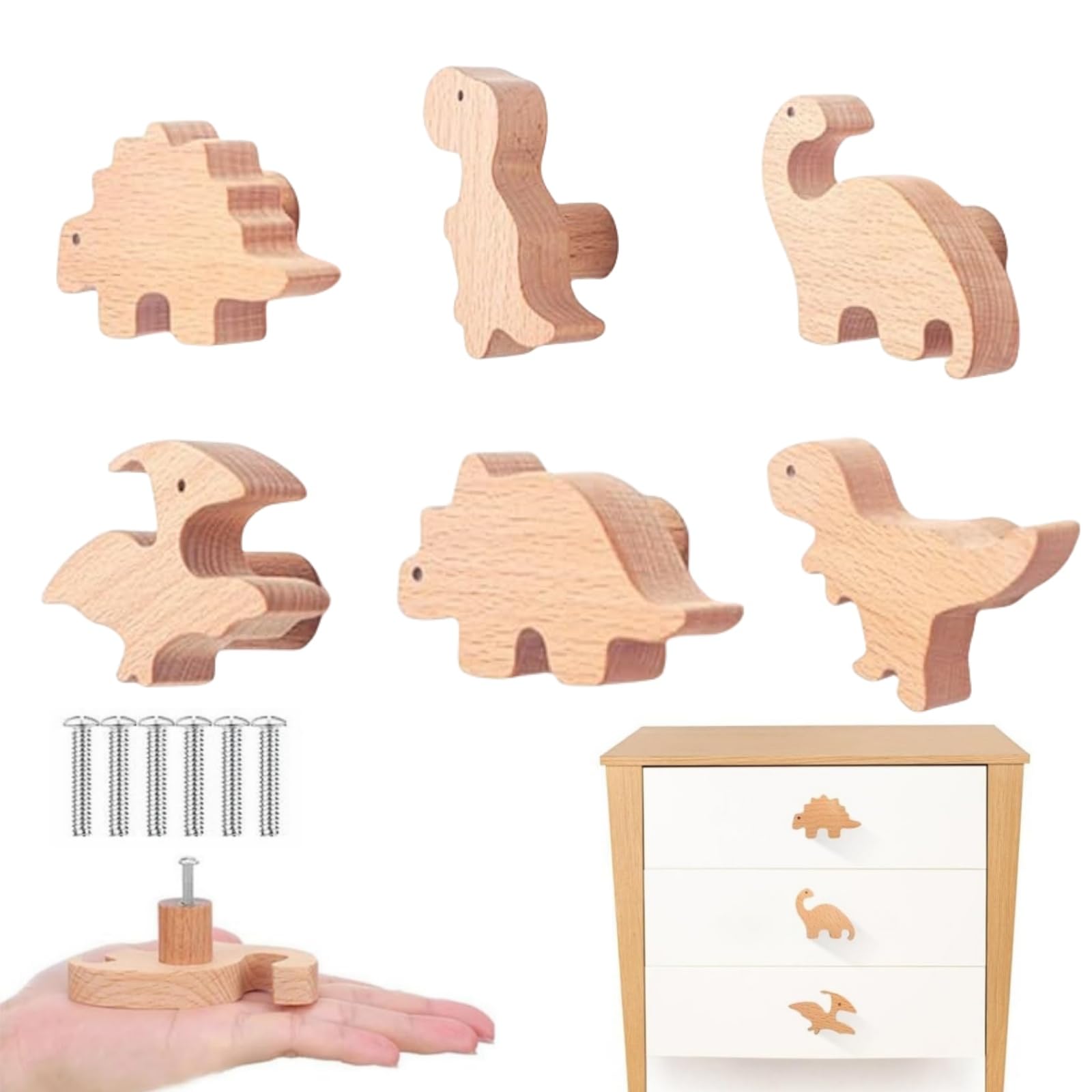 MHwan Wooden Drawer Knobs, 6 Pcs Cute Dinosaur Wardrobe Door Knobs Made of Natural Solid Wood with Natural Texture