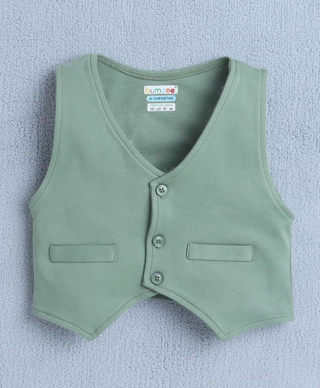 Image of BUMZEE Boys Regular Fit Full Sleeves Collar Neck Cotton Shirt Waistcoat & Short Set With Applique Bow