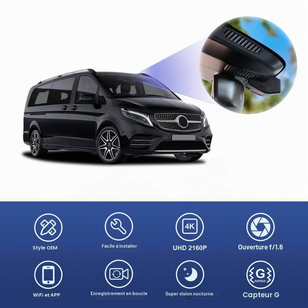 Fitcamx Caméra Embarquée Voiture Compatible avec Mercedes Benz V-Class EQV Vito eVito 2015-2023 (HD2-6103), OEM Dashcam 4K 2160P WiFi, G-Senseur, Enregistrement en Boucle, WDR, Plu &Play, Carte 64 Go
