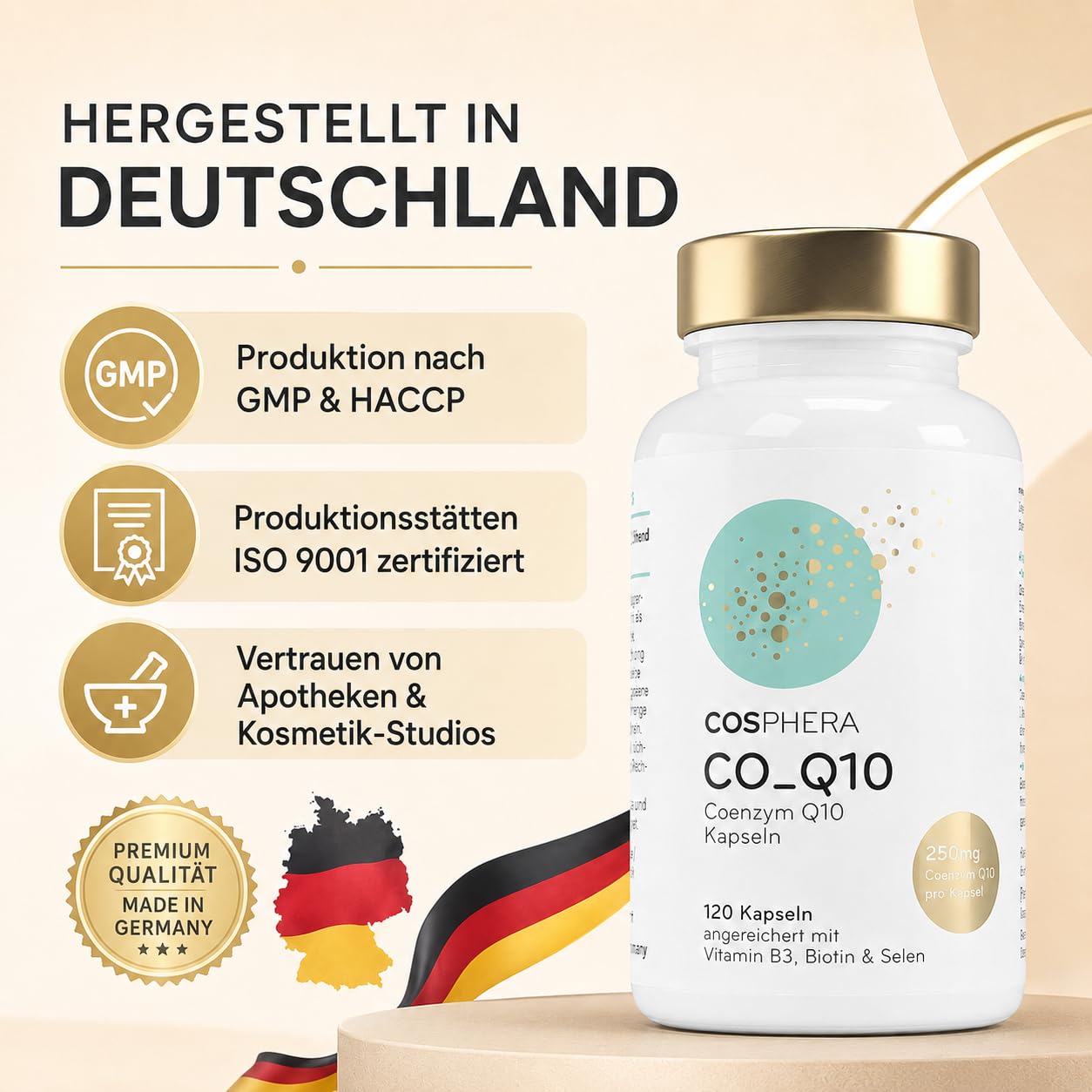Coenzym Q10 - Hochdosiert mit 250 mg pro Kapsel. 120 vegane Kapseln im 4 Monatsvorrat - Angereichert mit Biotin & Niacin als Beitrag zum Erhalt normaler Haut & für einen normalen Energiestoffwechsel.