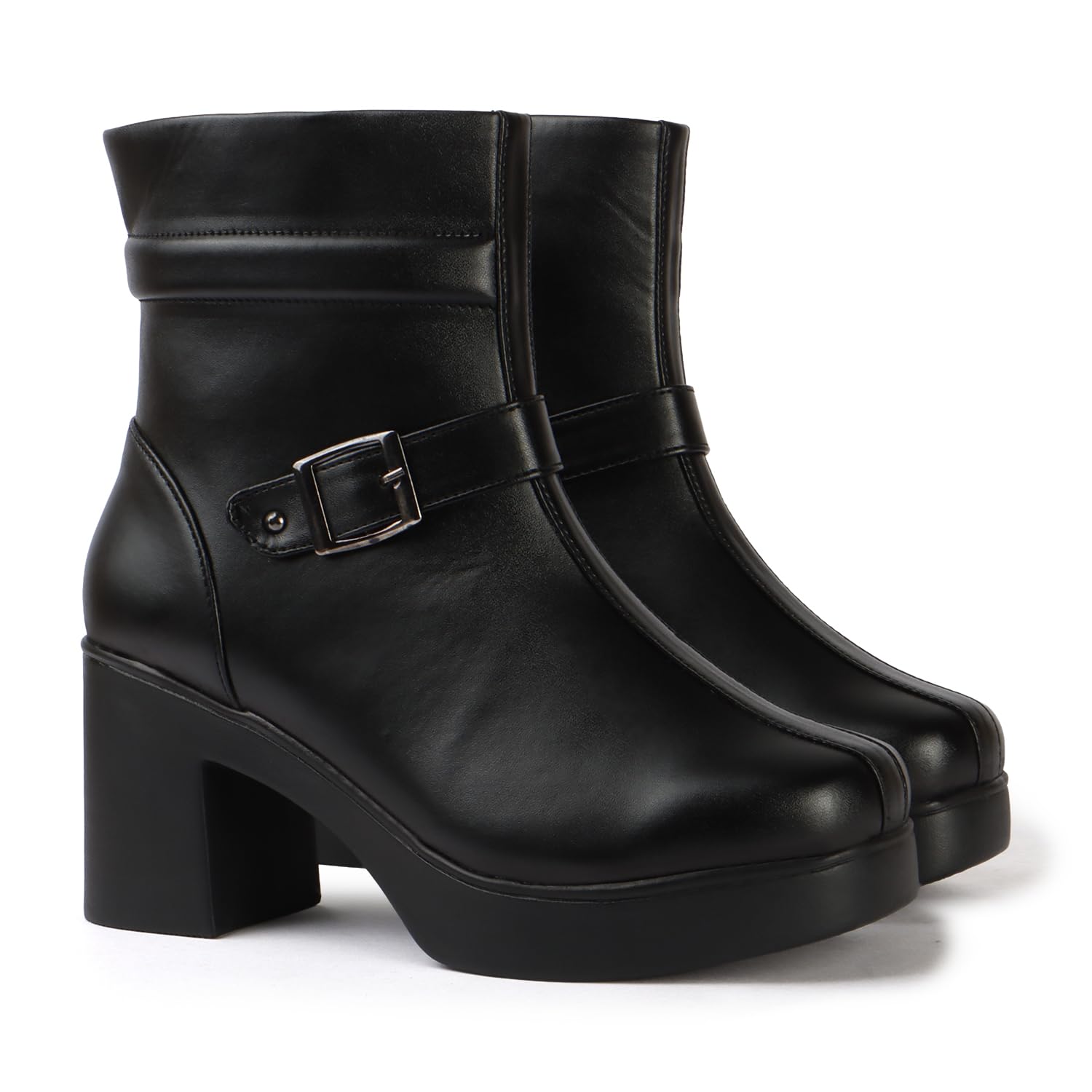 Women’s Black Minimal Buckle Ankle Boots | Sleek Elegant Block Heel Design-image-43