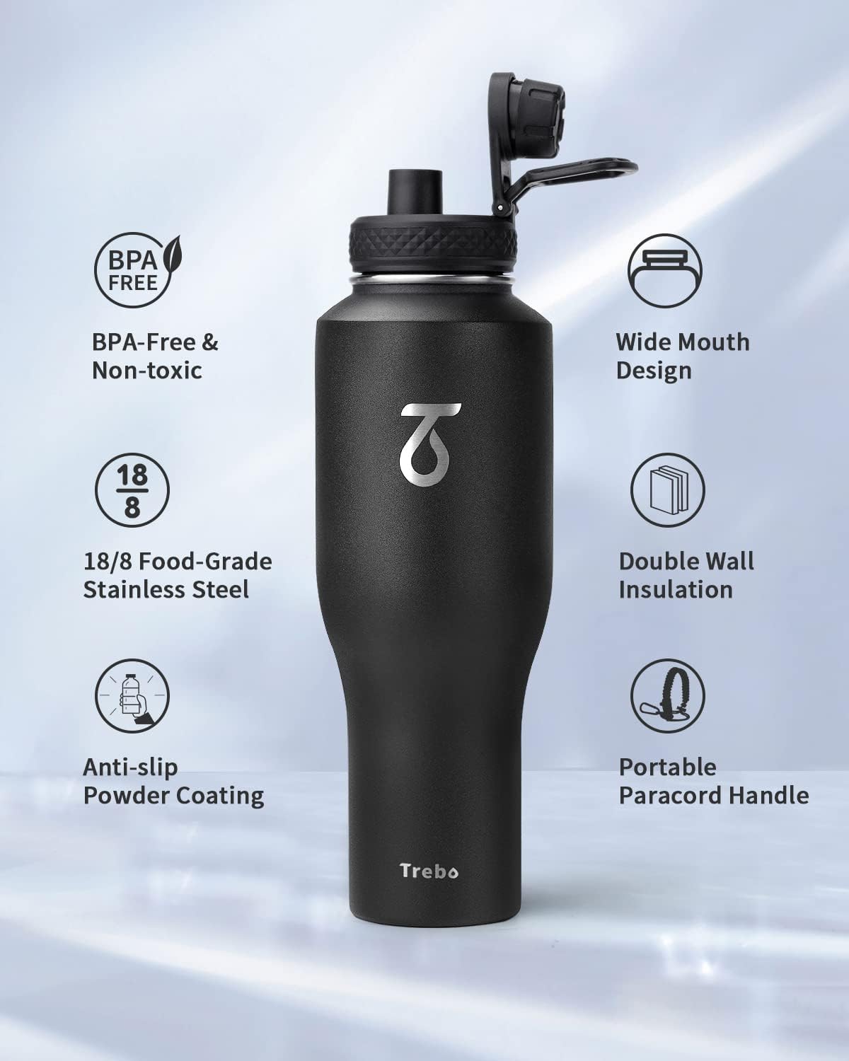 Trebo 40 oz Insulated Water Bottle that Fits in Car Cup Holder,Triple Wall Stainless Steel Water Bottles Insulated,LeakProof,Keep 48 hrs Cold & 24 hrs Hot,Metal Tumbler with Paracord Handle,Straw - Image 6