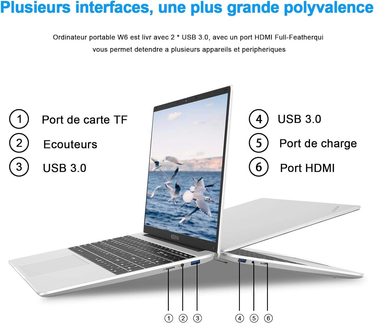 Ordinateur PC portable 15.6 pouces 6+128Go Win11 Celeron N4020 Support 1 To SSD Expansion 2.4G+5G WiFi Bluetooth 4.2 USB HDMI 1920 x 1080 FHD avec souris sans fil & Membrane de clavier AZERTY - Argent