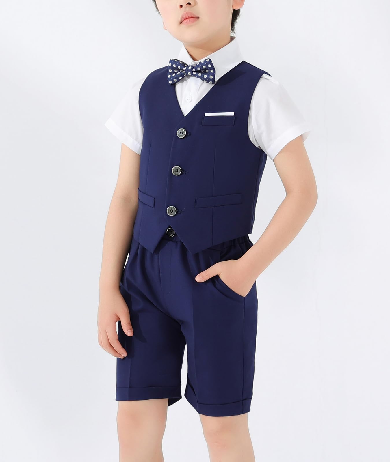 3/4 Pezzi Completo Cerimonia Bambino, Ragazzi Eleganti Abiti da Cerimonia Estivo con Gilet, Pantaloni Corti, Camicia, Papillon
