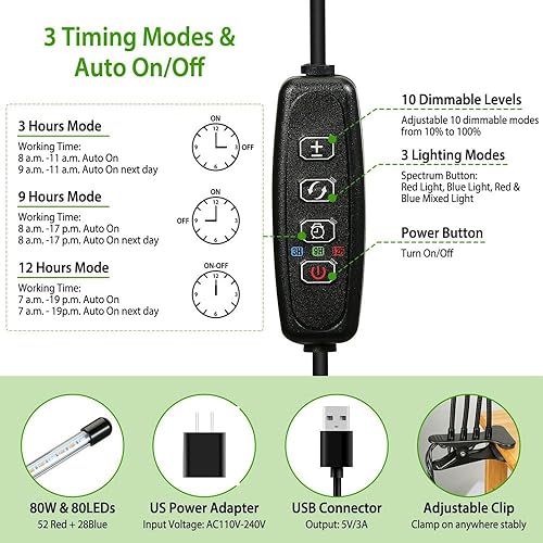 Miniatura 5 de Luz LED de crecimiento, 3 cabezales, luz de espectro completo con abrazadera para plantas de interior y arranque de semillas, regulable de 10