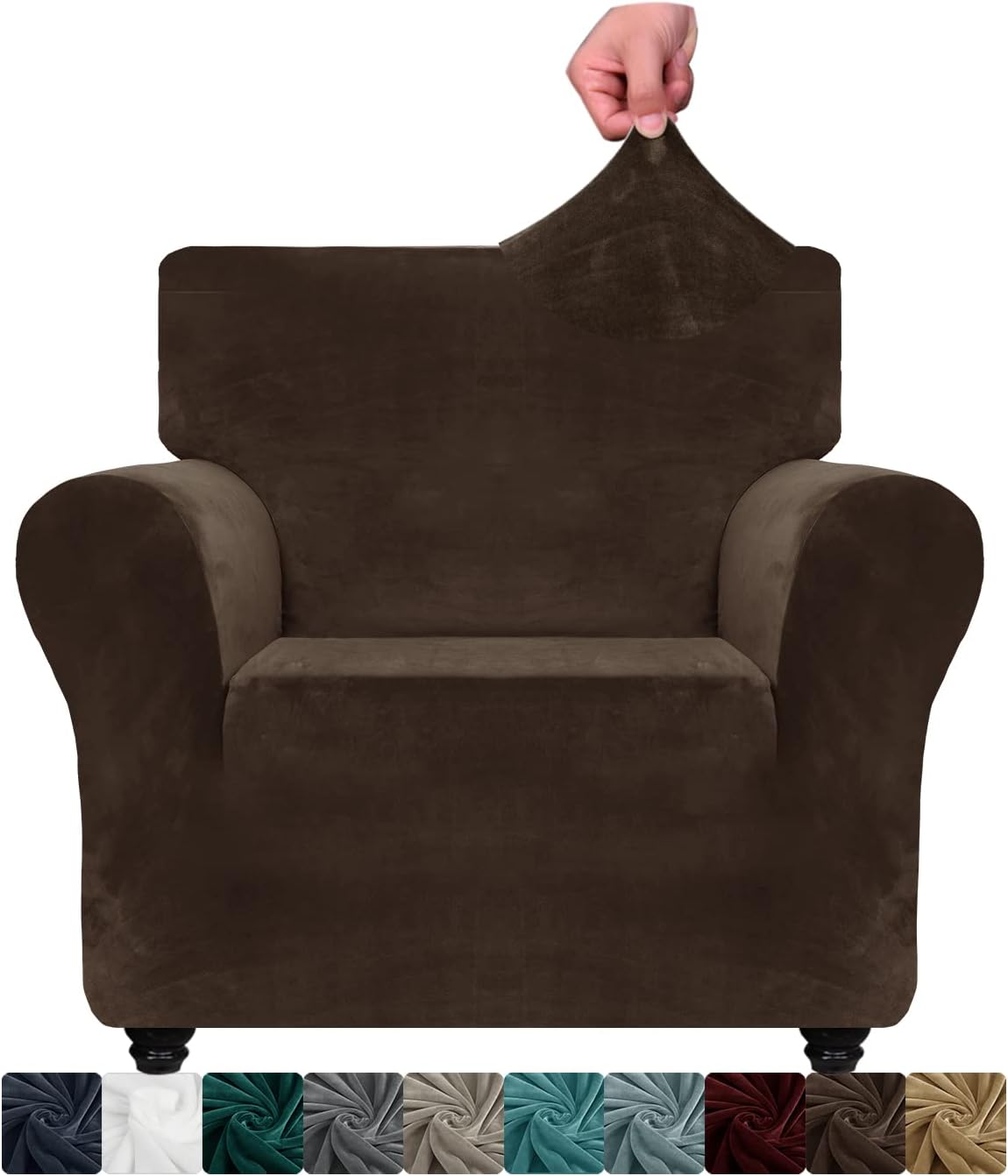 XINEAGE Velvet Sofa Cover 1 Seater, Stretch Sofa Cover for Living Room, Thick Soft Sofa Throw, Non-Slip Sofa Cover for Dogs, Pets (1 Seater, Dark Coffee)