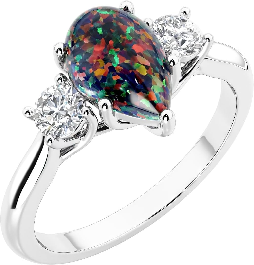 3-Stone Pear Shape Shape Created Black Opal and Lab Grown Diamond Trellis Ring 14K White or Yellow Gold, 1.50 Carats total, Sizes 4 to 10