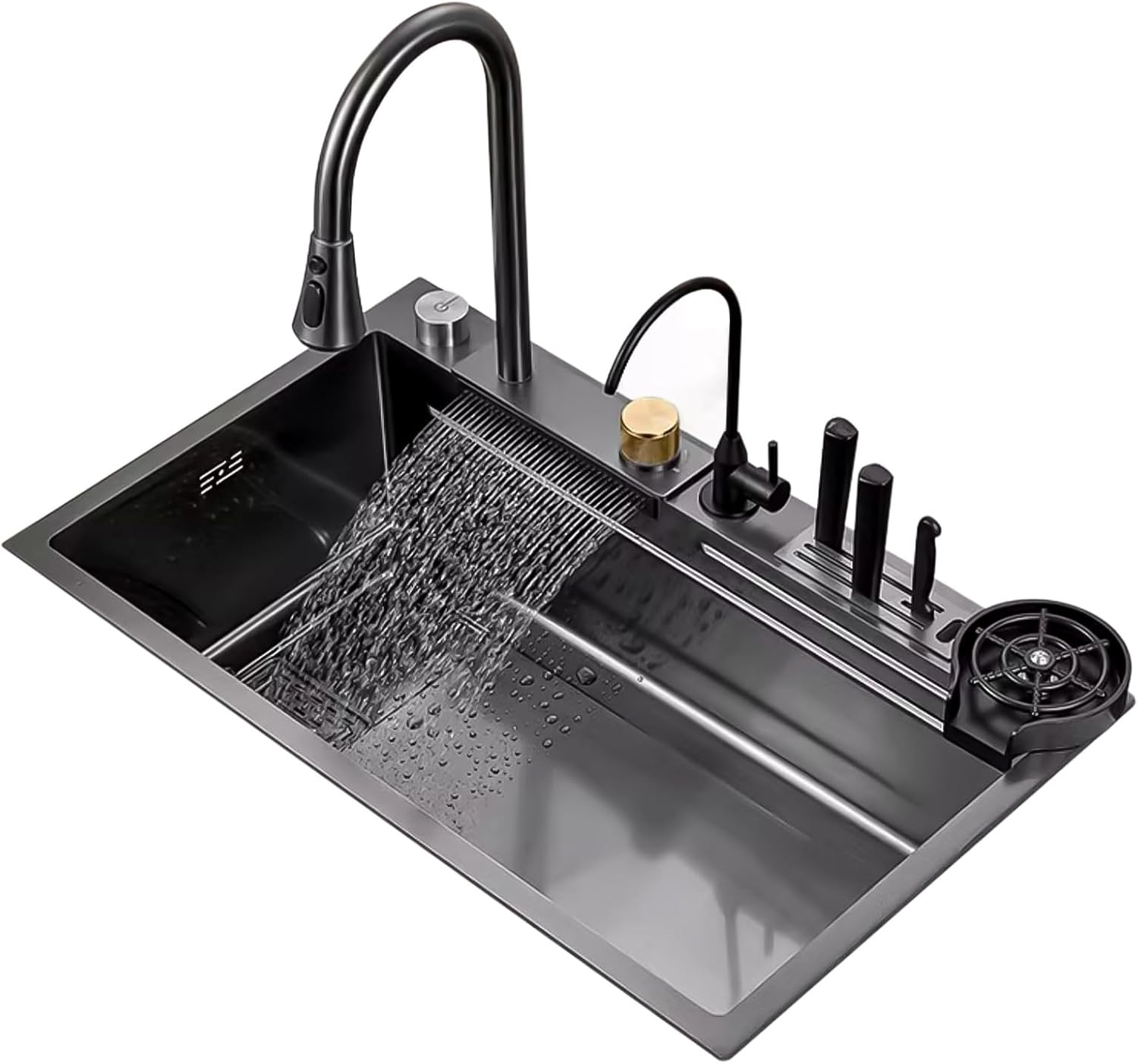 Black Grey Large Kitchen Sink with Waterfall Faucet, Cup Washer, Drinking Tap, Drain Knob & Knife Holder, 304 Stainless Steel Rv Kitchen Sink, Black Grey Prep Bar Sink,One Color-75x46x22cm