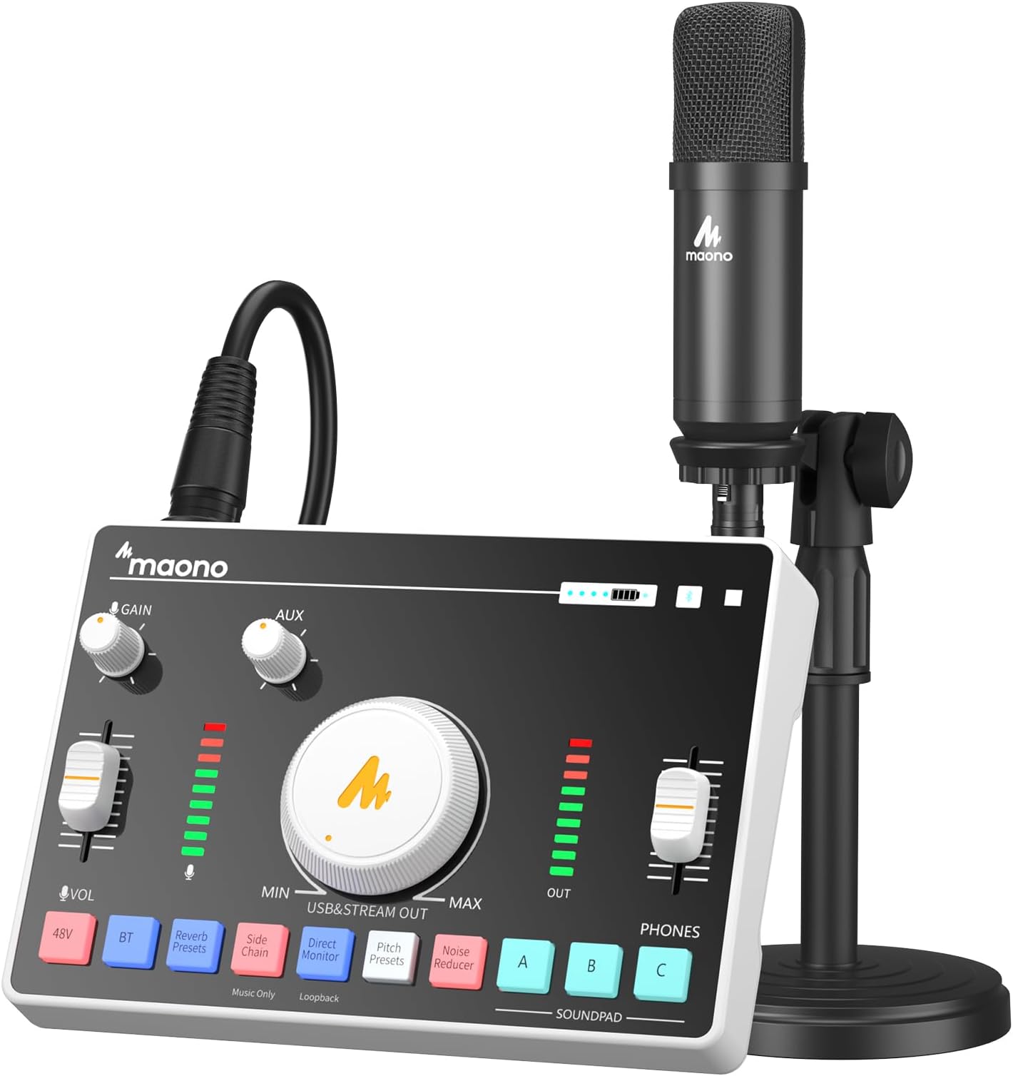 MAONO Streaming Audio Mixer, Audio Interface and XLR Condenser Microphone with Pro-preamp, Bluetooth, 48V Phantom Power for Live Streaming, Podcast Recording MaonoCaster AMC2A NEO White