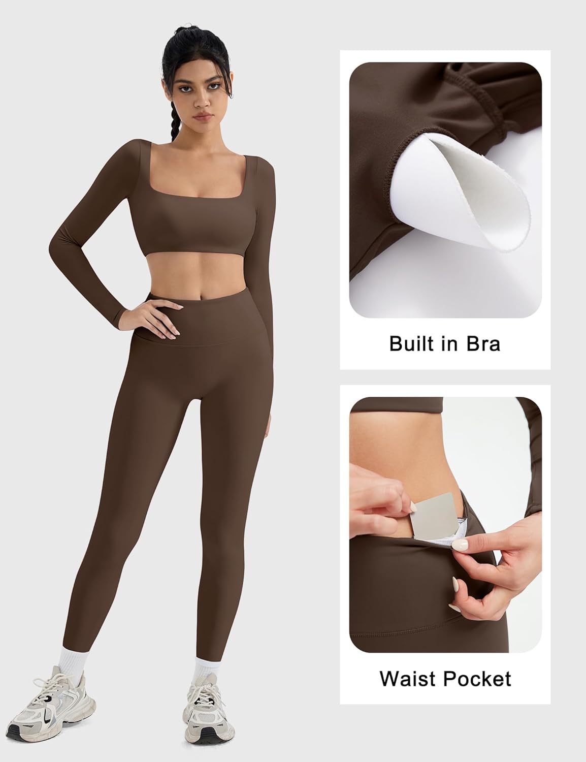 SUUKSESS Women 2 Piece Workout Sets Compression Tummy Control Leggings with Pockets Long Sleeve Square Neck Padded Crop Tops - Image 2