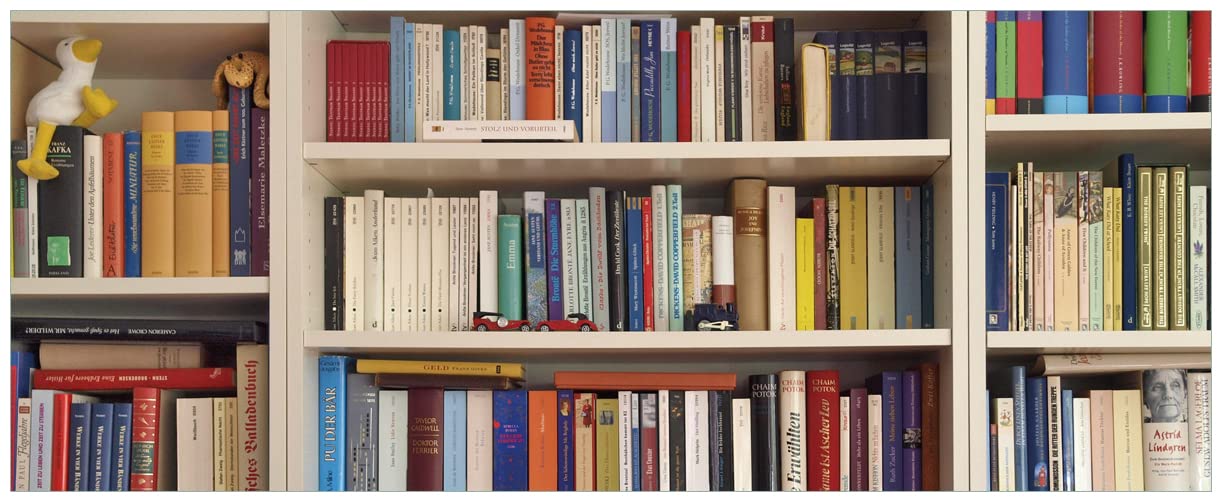 Wallario selbstklebendes Poster - Weißes Bücherregal mit unterschiedlichen Büchern, Aufkleber in Premiumqualität, Klebefolie Größe: 80 x 200 cm XXL-Poster
